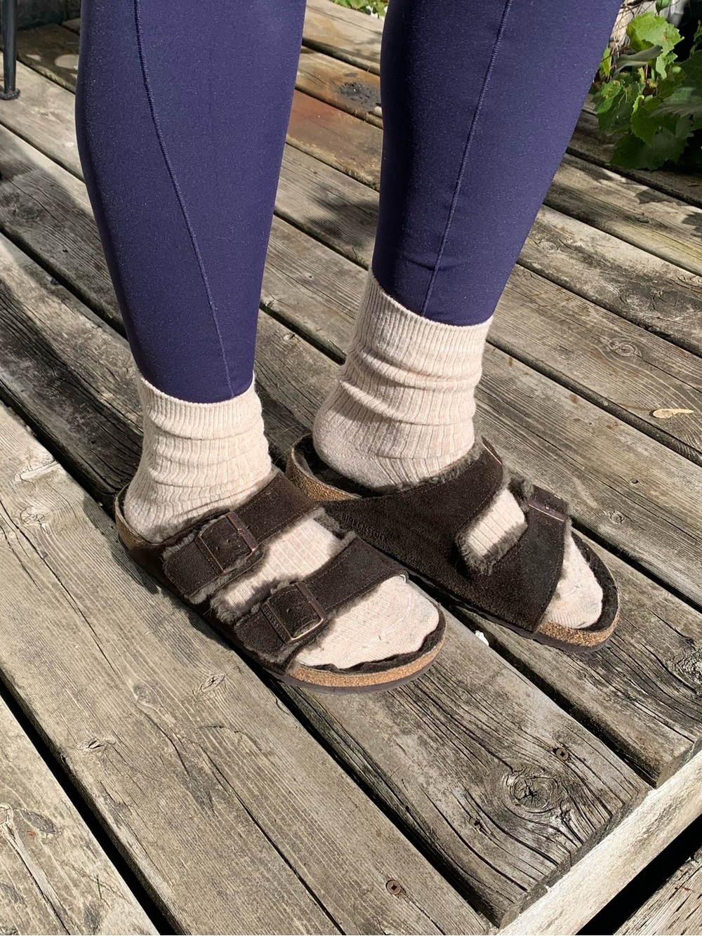 Birkenstock Brown Suede Two-Strap Mule Sandals fur lined comfy Gorpcore fall